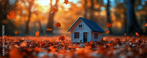 Miniature Wooden House Surrounded by Vibrant Autumn Leaves in a Forest Setting
