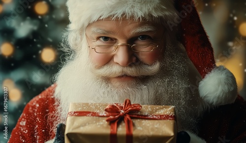 Smiling Santa Claus Holding a Gift Surrounded by Festive Decorations During t...