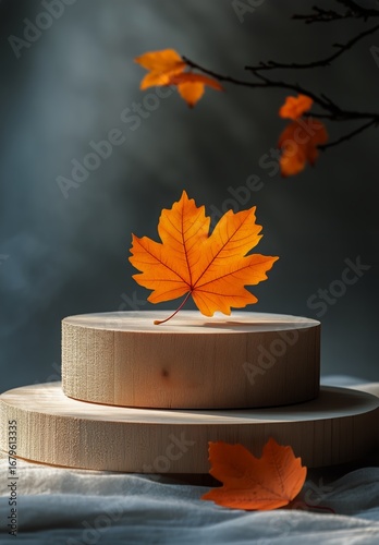 Autumn Leaves Arranged on Wooden Stands With a Textured Background Creating a...