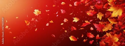 Vibrant Autumn Leaves Scattered Against a Bold Red Background During the Fall...