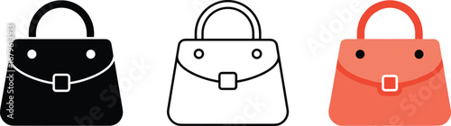 Handbag icons set, black silhouette purse, outline fashion bag, colored women's handbag illustration, stylish accessories vector isolated on white background