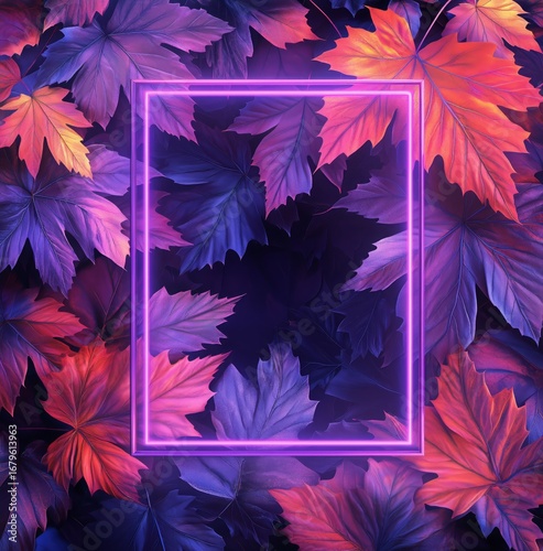 Colorful Autumn Leaves Surround a Glowing Frame in a Vibrant Purple Backdrop