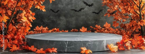 Seasonal Autumn Backdrop With a Circular Platform and Flying Bats in a Forest...