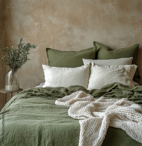 Cozy Bed Setup With Green and White Bedding Against a Textured Wall.
