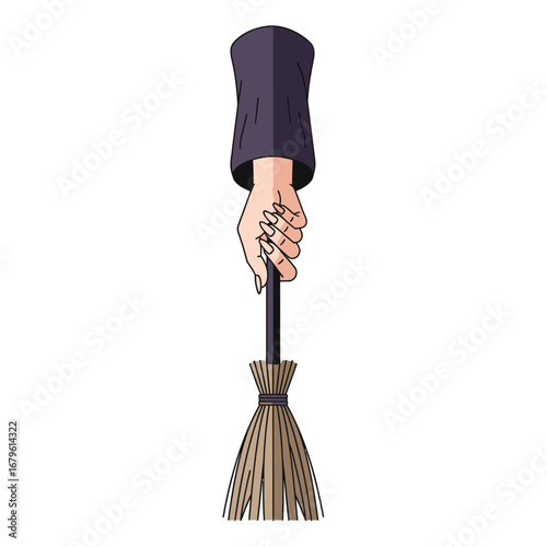 Digital vector illustration of a stylized hand in a purple sleeve gripping a small whisk broom