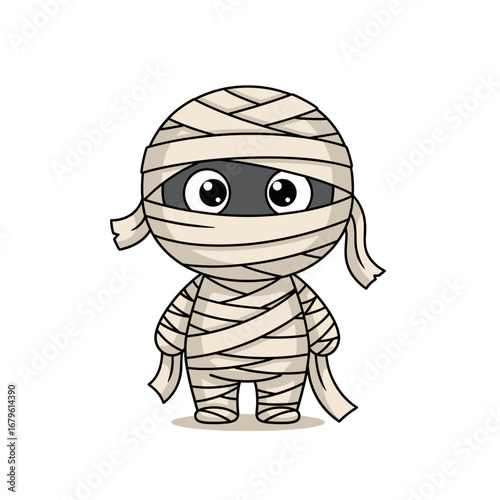 Cute cartoon mummy character wrapped in bandages, adorable ancient monster illustration for Halloween