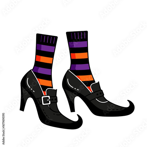 Witch's Pointed Shoes and Striped Socks Halloween Vector Illustration