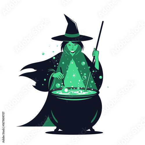 Enchanting Witch Brewing Potion with Mystical Bubbles in a Cauldron
