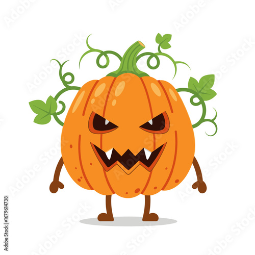 Spooky Jack-o'-lantern character with a menacing grin and curly vines