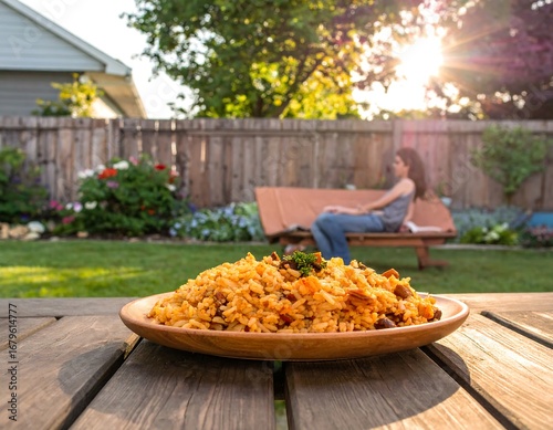 Delicious rice dish on a patio table