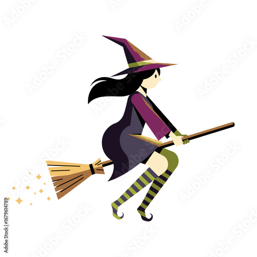 Charming witch with long dark hair, gracefully flying on her broomstick, a magical Halloween illustration