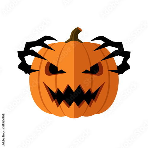 Scary Halloween pumpkin with clawed hands and spooky eyes, vector art illustration