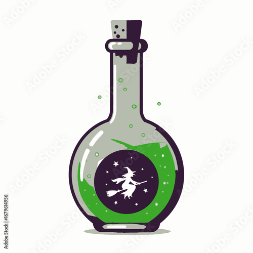 Magical green potion with witch silhouette in a glass bottle for Halloween