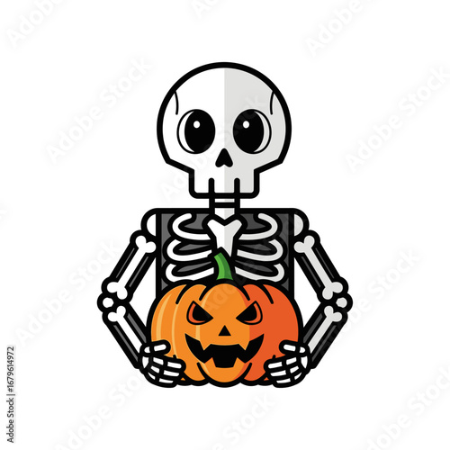 Spooky Skeleton Holding a Carved Pumpkin for Halloween Celebration