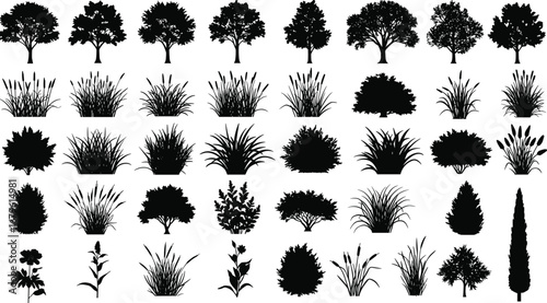 Silhouette vector set of trees, plants, grasses, and bushes, ideal for landscape design, garden illustration, decoration, and architectural elements