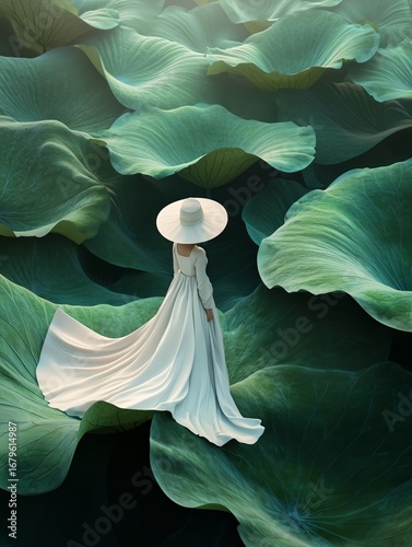 Elegant Figure in White Dress Exploring Surreal Landscape With Oversized Leav...