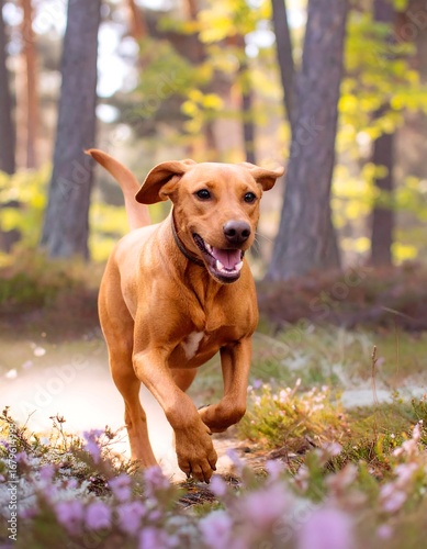 A cheerful reddish-brown dog bounds through a sun-drenched forest, its paws lifting slightly off the ground, amidst a field of delicate purple flowers.