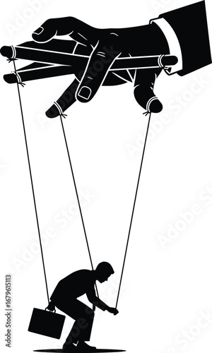 Silhouette of a large hand controlling a businessman like a puppet on strings, symbolizing manipulation, control, power, and influence dynamics.
