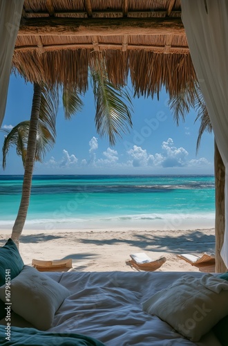 Beautiful Tropical Beach View From a Cozy Cabana on a Sunny Day