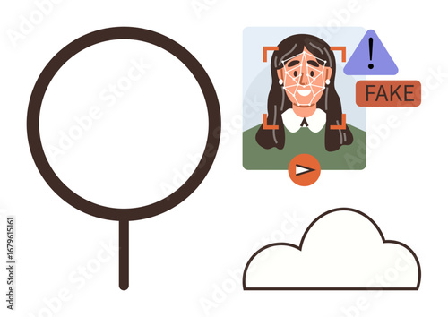 Facial detection system highlights identity in a suspicious video or photo flagged as fake. Magnifying glass and cloud storage illustrate cybersecurity, identity, data protection. Ideal for AI