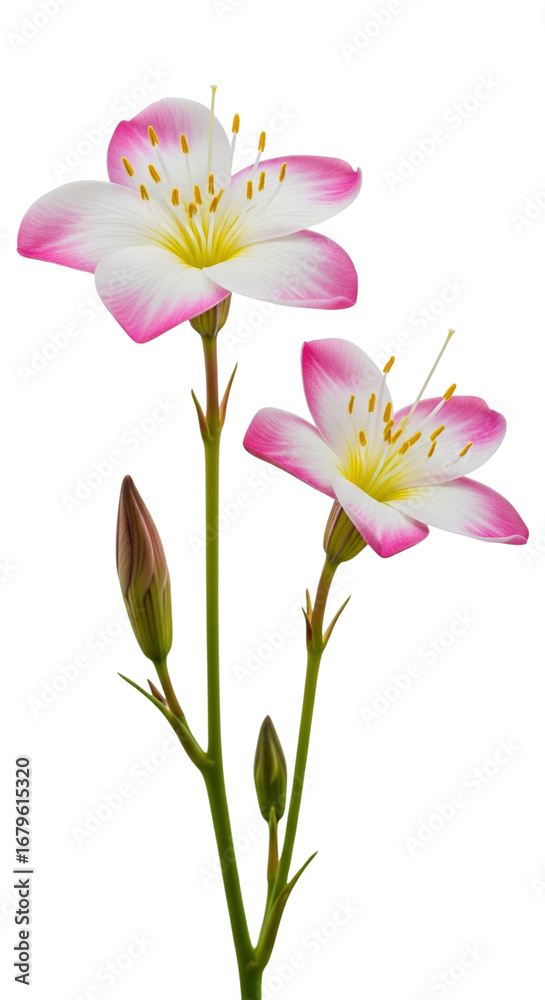 Fototapeta premium A watercolor illustration featuring two flowers with pink and white petals and yellow centers, along with a bud. Ideal for spring and nature themes.