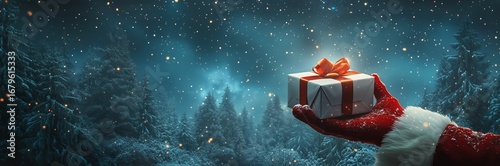 Christmas Gift Held in Snowy Forest Setting During Winter Night