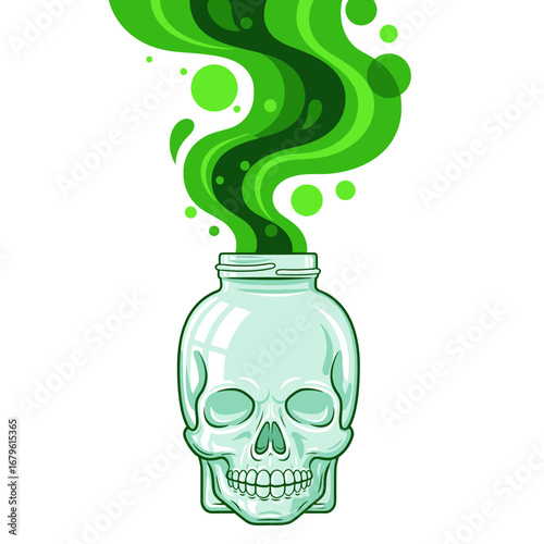 Skull with green toxic smoke pouring out of a jar - Hazardous danger concept