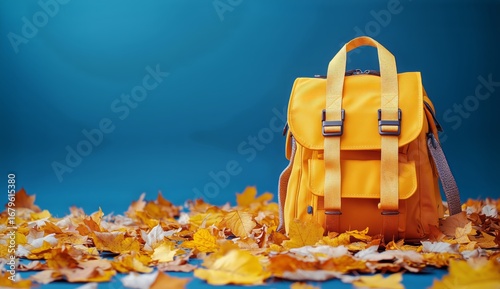 Bright Yellow Backpack Surrounded by Fallen Autumn Leaves on a Blue Background