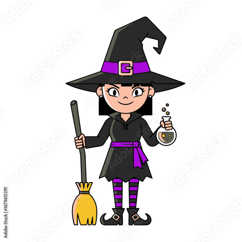 Cute cartoon witch with a magical broom and sparkling potion, ready for Halloween fun