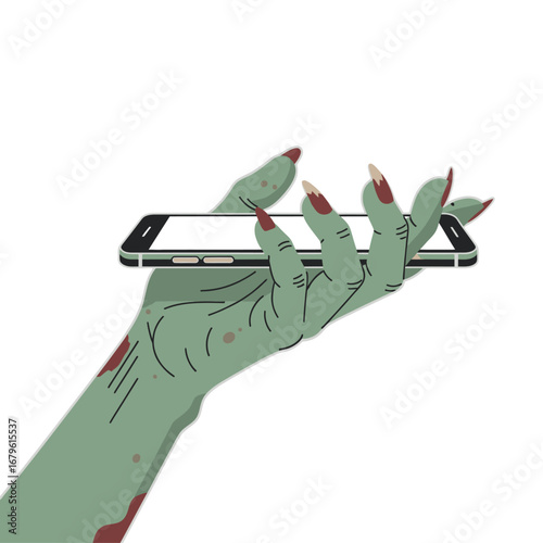 Zombie Hand Holding a Smartphone A Spooky Digital Illustration