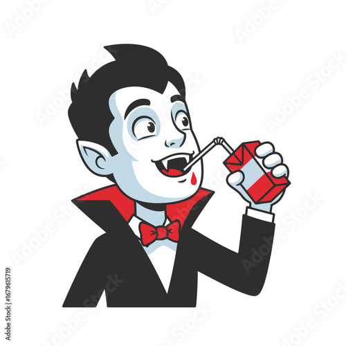 Charming cartoon vampire with a big smile happily sips a refreshing beverage from a small carton, a playful red drop on his chin