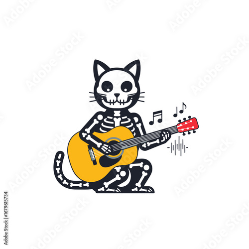 Skeleton cat playing guitar with musical notes, illustration
