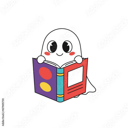 Cute Cartoon Ghost Delighted by Reading a Colorful Book, Isolated on White