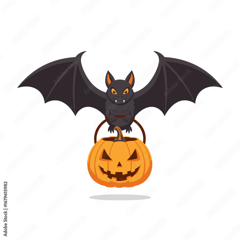Fototapeta premium Cute Halloween Bat Carrying a Pumpkin For Trick-or-Treating