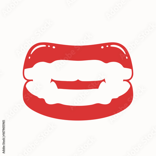 Red lips with white teeth, a graphic representation of an open mouth with a bold design
