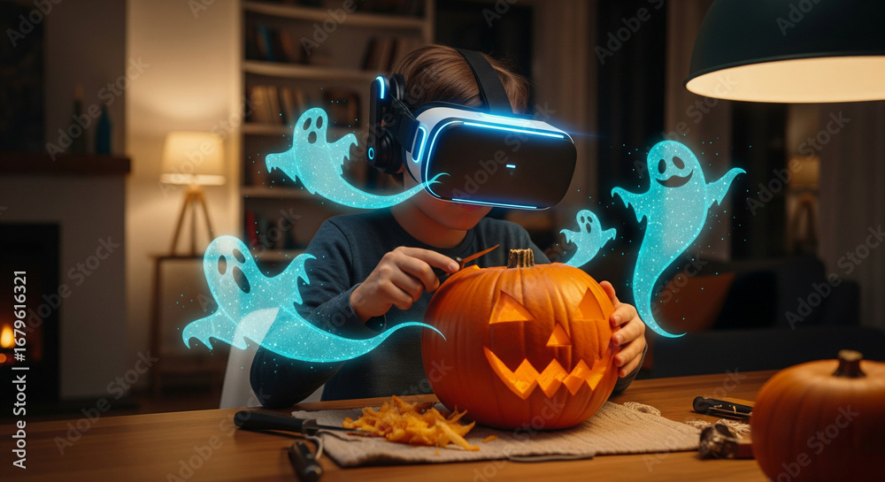 custom made wallpaper toronto digitalChild carving pumpkin with VR headset and holographic ghosts, Halloween tech concept