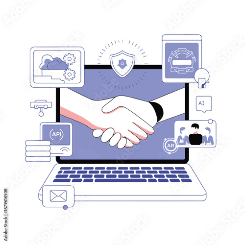 Business partnership agreement digital handshake between two people over a laptop screen with network icons