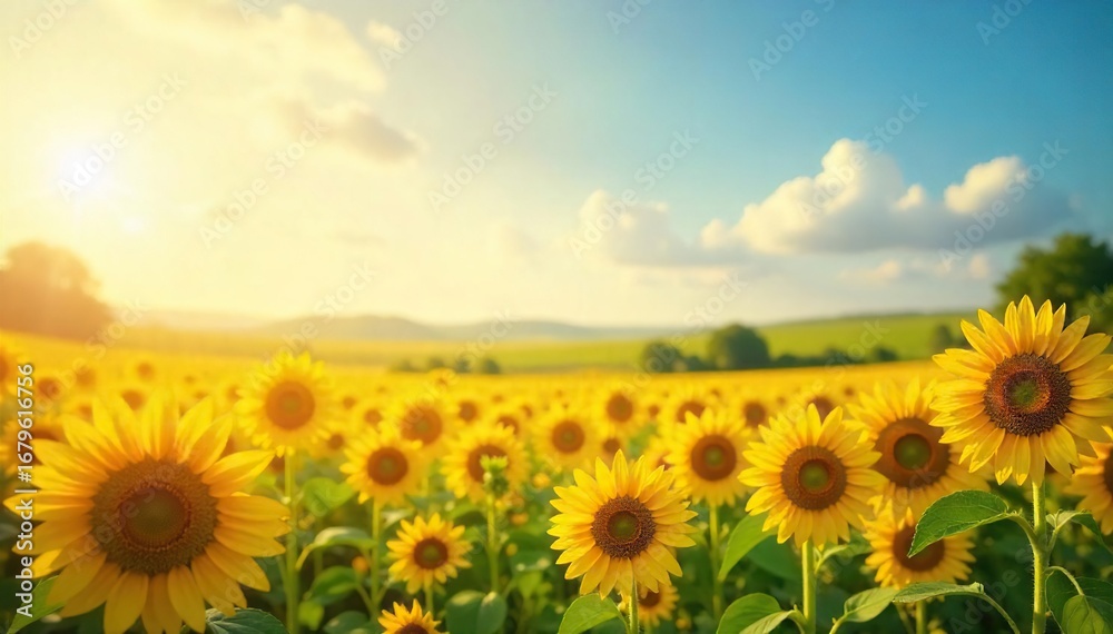 Fototapeta premium A vibrant yellow field of sunflowers basking in the warm sunlight, symbolizing optimism and a bright future Perfect for themes of positivity, summer, and new beginnings , ray, cheerful