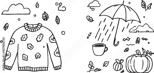 Cozy Autumn Season Hand Drawn Doodle Illustration Featuring Sweater Umbrella Pumpkin and Leaves in Black and White