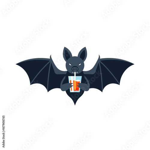 Thirsty nocturnal bat character with wings spread sipping a refreshing orange beverage