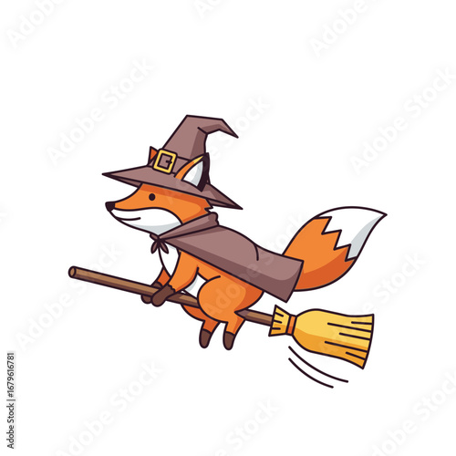 A whimsical cartoon fox character dressed as a witch flying on a magical broomstick
