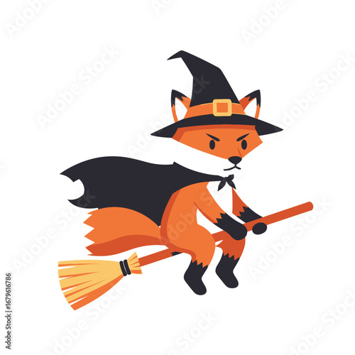 An adorable cartoon fox character in a witch costume flying on a magical broomstick for Halloween