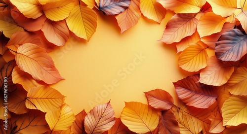 Vibrant Autumn Leaves Create a Stunning Border on a Warm Yellow Background