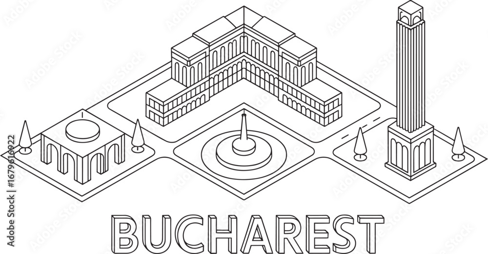 Fototapeta premium Bucharest Cityscape Isometric Outline Vector Illustration with Palace and Tower Landmark