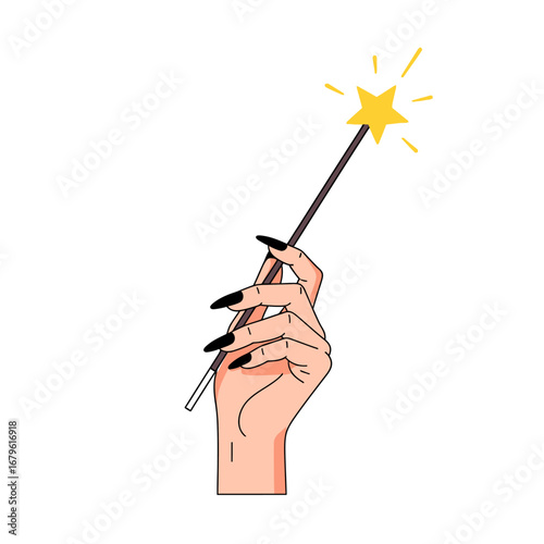 Elegant sorceress hand with long black gothic nails holding a shining magic wand with a star