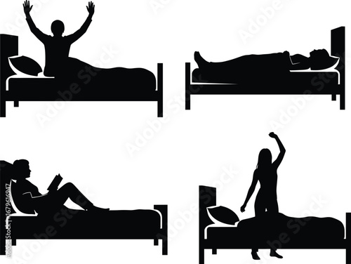 Silhouette vector illustration of people performing daily bed activities like waking, stretching, sleeping, reading and relaxing in bedroom scene.