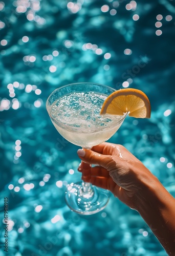 Enjoying a Refreshing Drink by the Sparkling Pool on a Sunny Afternoon