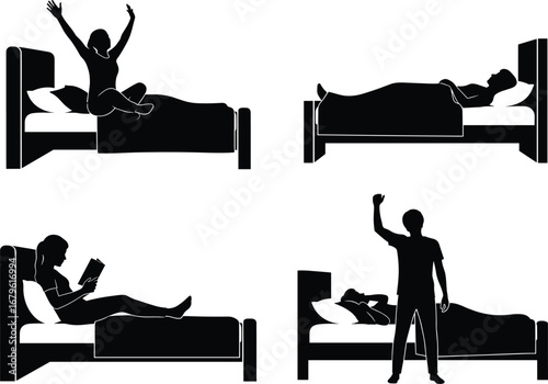 Vector silhouette set of people in bed stretching, sleeping, reading, and waking up as part of daily bedroom routine concept.