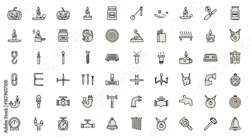 Collection of Grey Line Art Icons Representing Various Objects