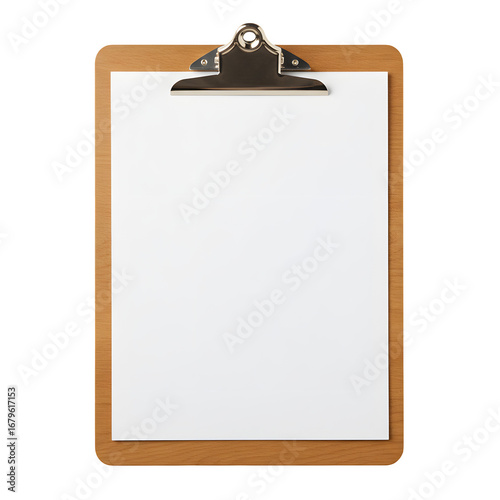 Wooden clipboard with a blank sheet of paper isolated on white or transparent background. PNG